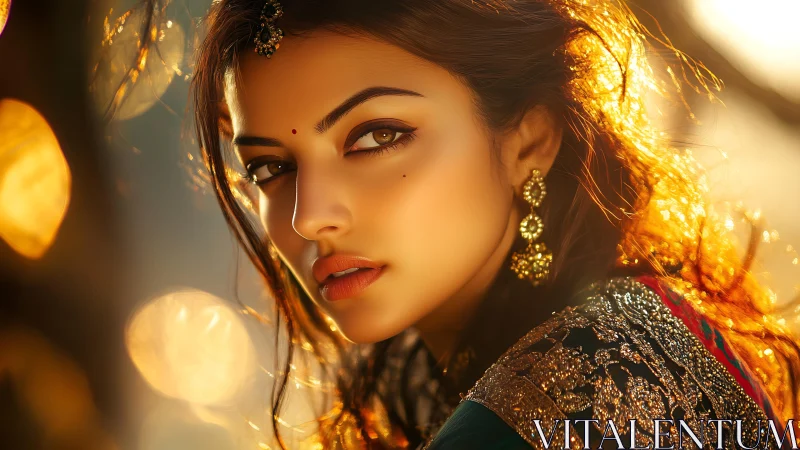 Portrait of woman in traditional attire with warm backlight.