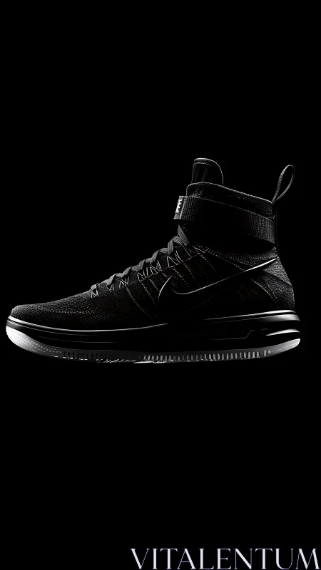High-contrast black basketball sneaker on dark background.