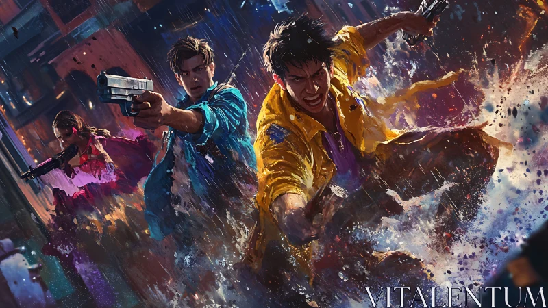 Armed trio advancing through reflective wet urban alleyway.