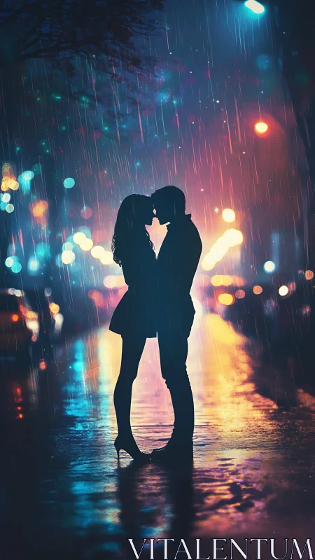 Rain-Soaked Kiss: Neon-Lit Urban Moment.