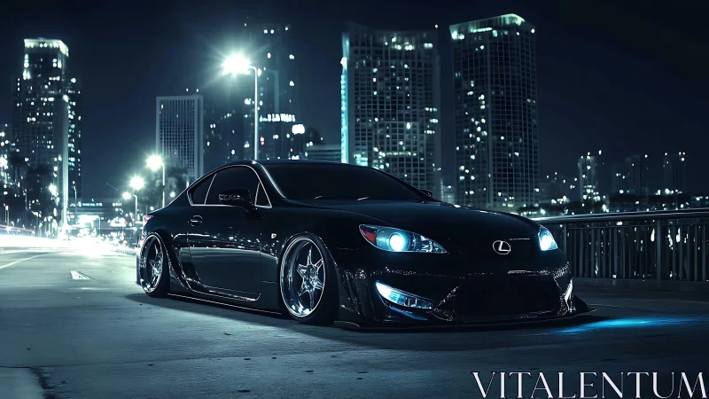 Lowered black Lexus coupe glides through neon city night