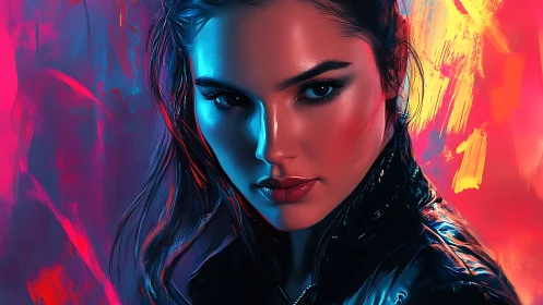 Neon-lit portrait channels electric confidence and power.