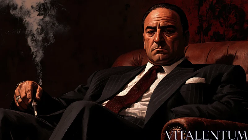 Powerful mob boss portrait in moody leather interior.