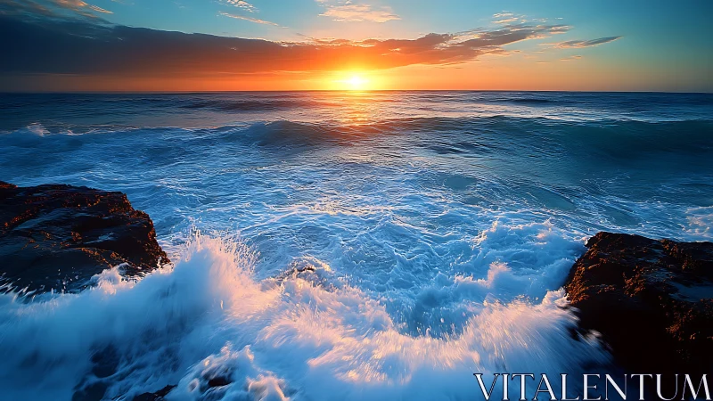 Photorealistic seascape sunrise with dynamic wave impact framing.