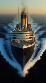 Majestic ocean liner cuts calmly through golden evening sea