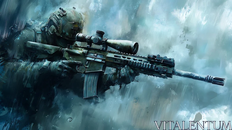 Armed Soldier with Tactical Rifle in Combat Stance.
