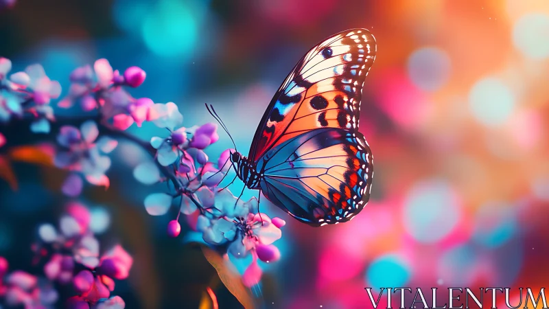 Butterfly on blossoms amid vivid bokeh background.