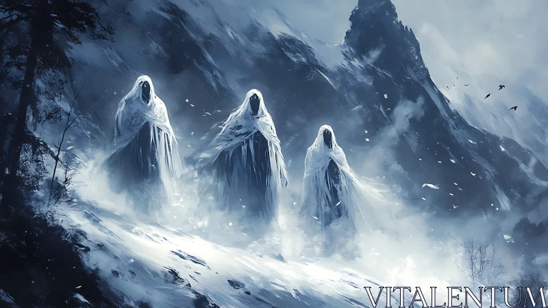 Hooded spectral figures in a stormy frozen mountain pass.