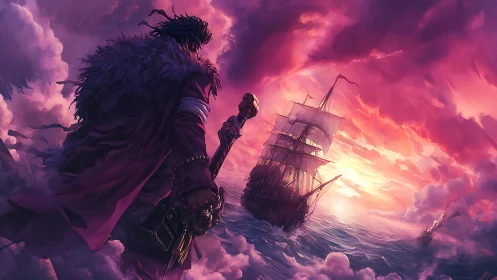 Storm-kissed sky guiding a lone pirate toward glowing seas.