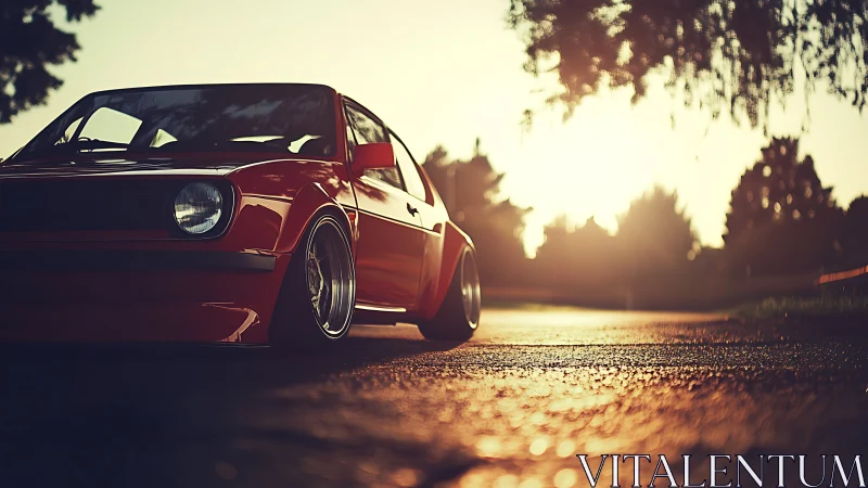 Sunset cruise with a classic red car on quiet country road.