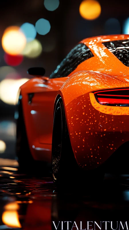 Rain‑coated orange supercar rear with bokeh night reflections