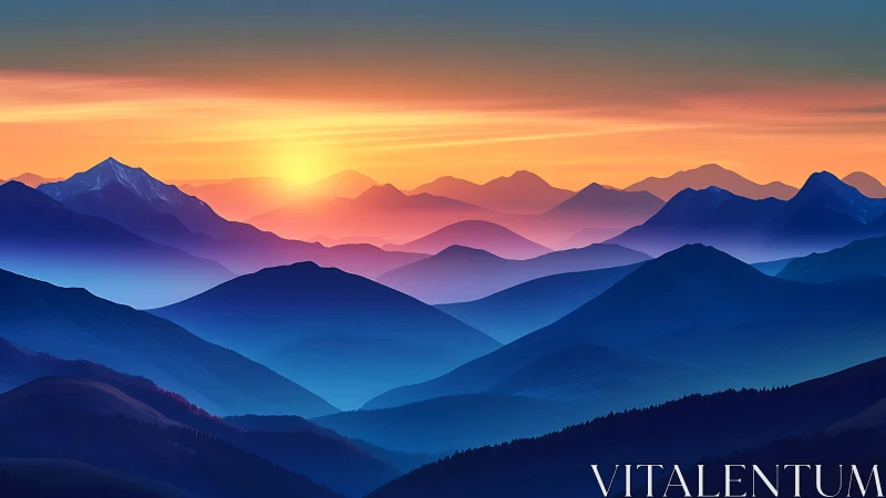 Layered mountain ranges under soft gradient sunrise.