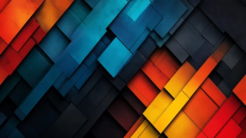 Bold geometric abstract art with vibrant blue, orange, and yellow hues.