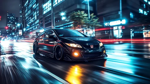 Honda street racer cutting through neon night rain.