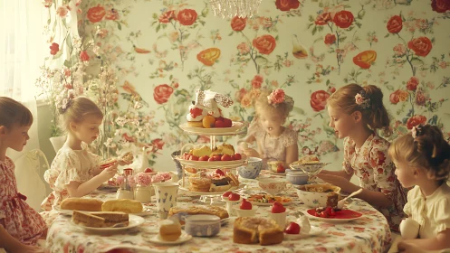 Joyful girls share a flower-filled tea party table together