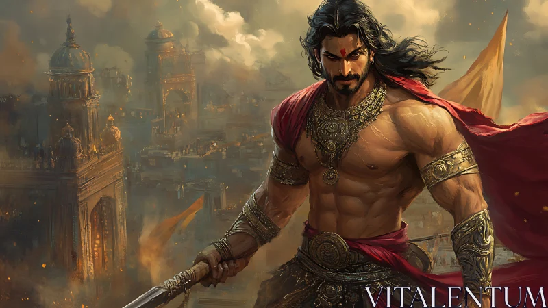 Warrior king stands defiant over a burning ancient city.