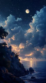 Moonlit cliffside castle above luminous storm-swept sea.