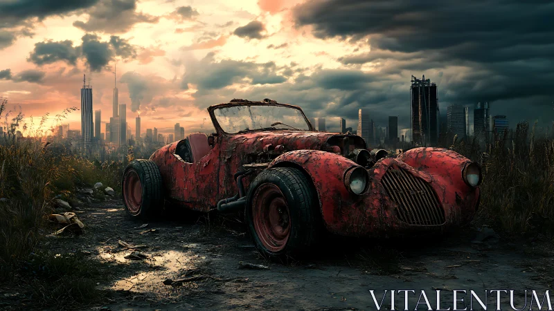 Rust-torn roadster brooding at the edge of a wounded city.