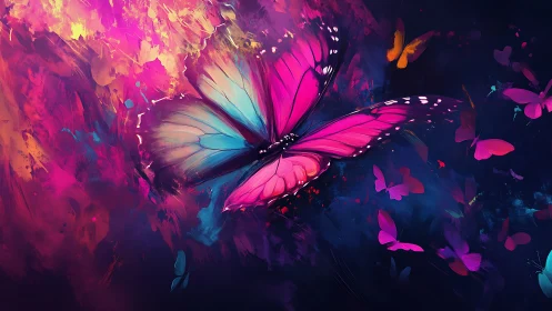 Iridescent butterfly swarm in neon magenta and cyan haze.