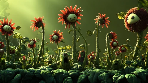 Anthropomorphic red flowers in dense stylized green forest.