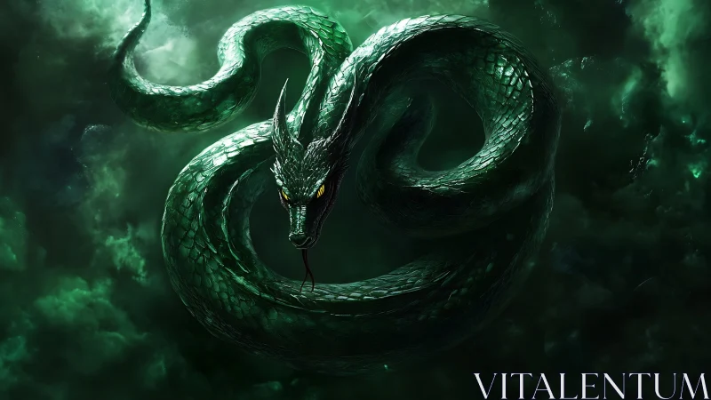 Serpentine sky dragon curling through stormy emerald night.
