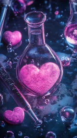 Heart-shaped pink object is contained in a glass flask