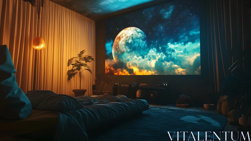 Interior bedroom displays large projected lunar cloudscape scene