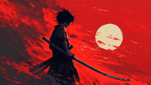 Silhouetted ronin profile against crimson sunset sky panorama