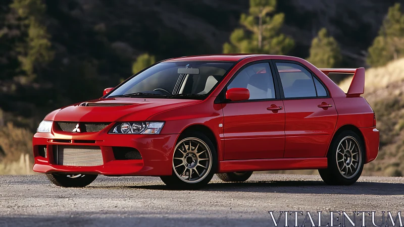 Red Mitsubishi Lancer Evolution sports sedan parked roadside