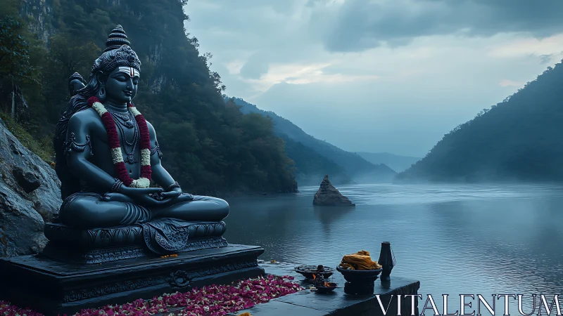 Serene riverfront deity statue invites quiet morning reflection