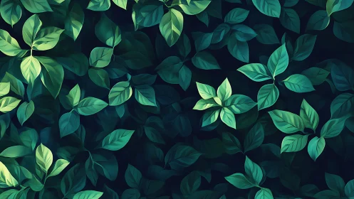 Digital foliage pattern with layered green leaves on deep teal.
