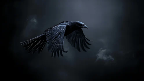 A Raven Soars Through Stormy Skies with Powerful Wings Spread