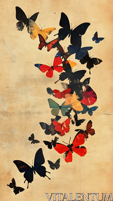 Vertical digital painting of grunge butterflies in flight cascade.