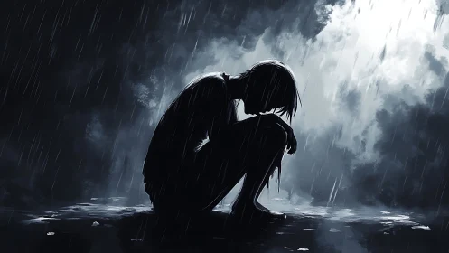 Silent figure in the storm, pausing with heavy-hearted grace.