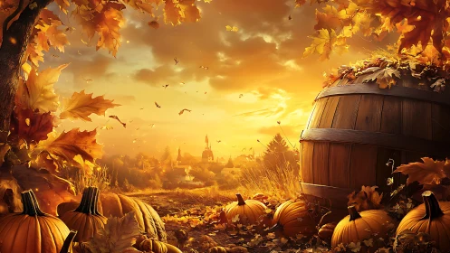 Golden autumn pumpkins by barrel over glowing village valley.