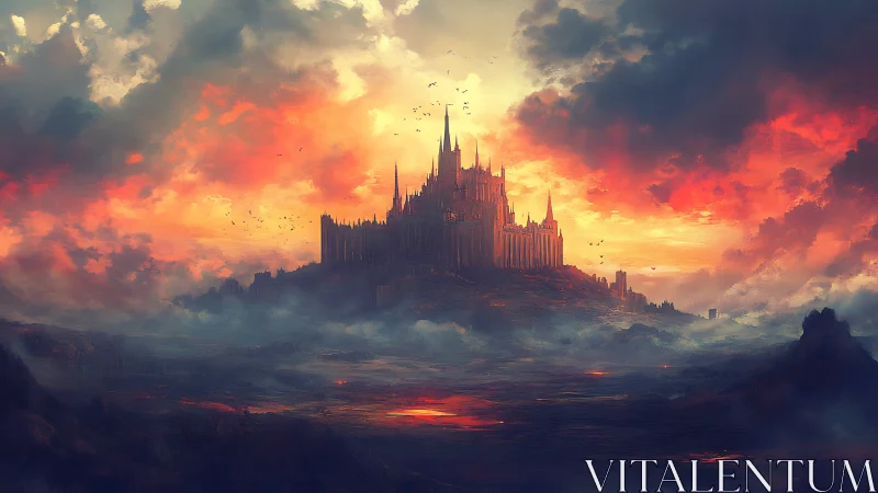 Fortress citadel crowned by molten sunset storm skies.