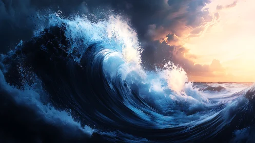 Digital painting of storm surge against radiant horizon sky.