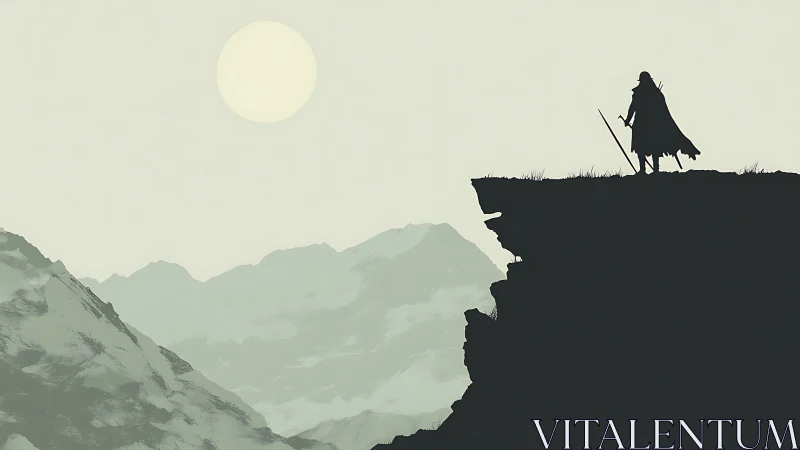 Lone cloaked wanderer surveys pale mountains at sunrise.