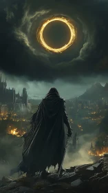 Dark fantasy warlord under eclipsed celestial ring skyscape.
