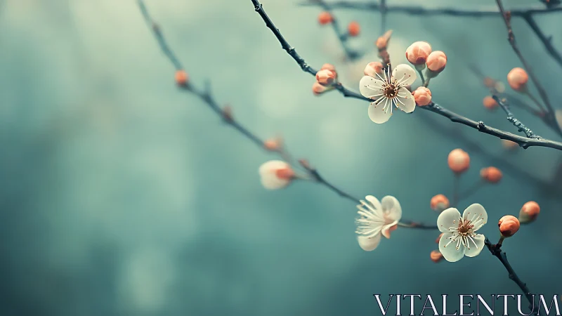 Delicate Cherry Blossoms with Coral Buds on Teal Background.