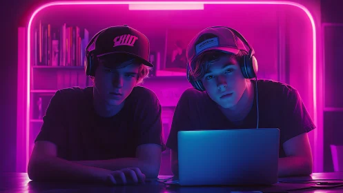 Twin teens at laptop under neon magenta and cyan rim light