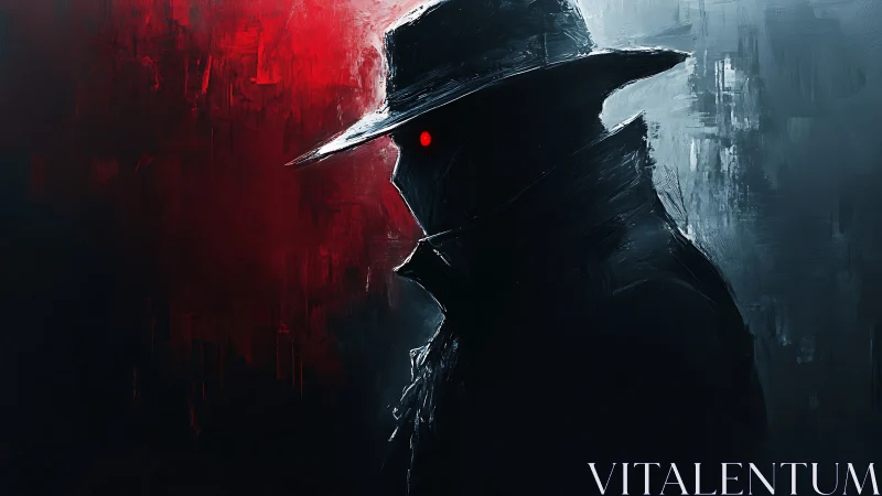 Shadowed figure in fedora dominates red and blue void.