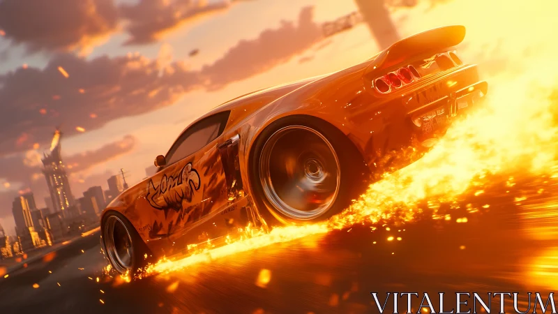 Sunset street racer carving fiery trails through the city.