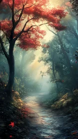 Crimson-Canopied Forest Path Through Mist: Luminous Digital Landscape.