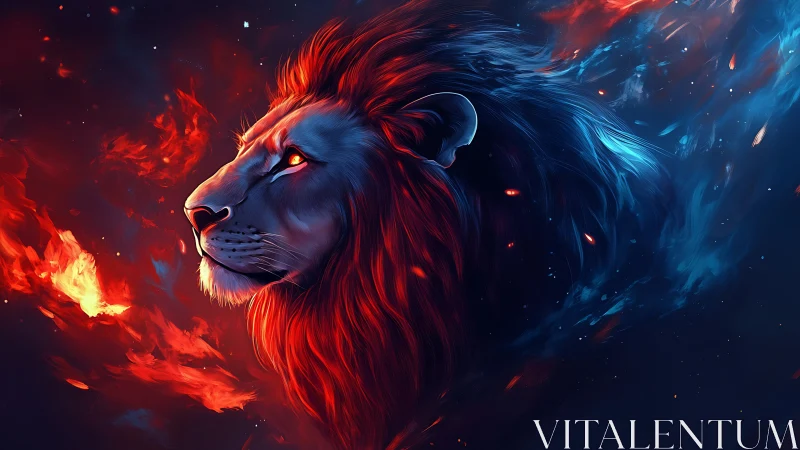 Fiery cosmic lion gazes into swirling blue and red void