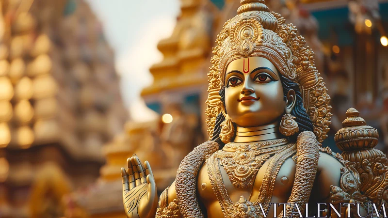Rendered gold deity statue stands before temple towers