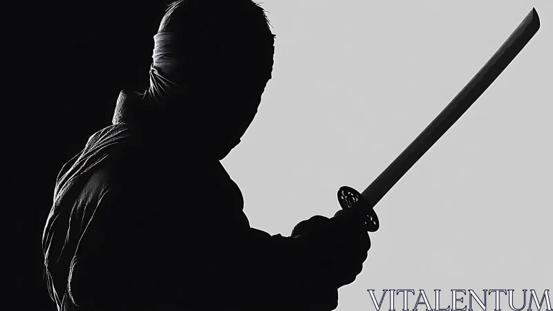 Silent silhouette of a poised ninja with raised katana blade.
