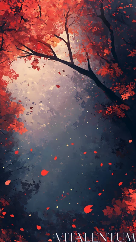 Red autumn canopy over dark skyward forest opening.