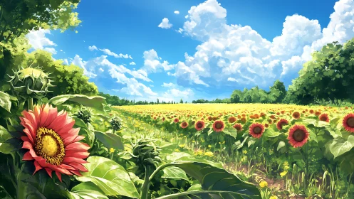 Sunlit red sunflowers staging a summer sky parade.