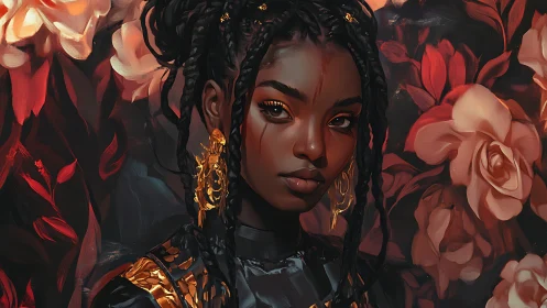 Portrait of braided woman set against dense red floral background